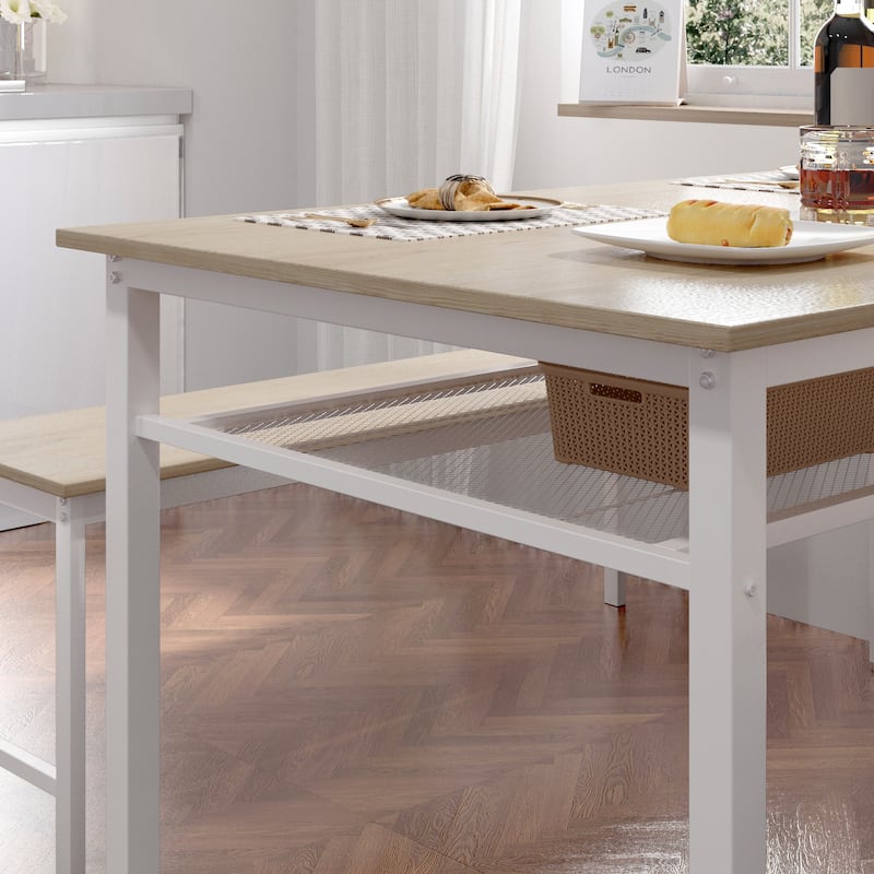 3-Piece Farmhouse Kitchen Table Set with Two Benches, Metal Frame, and MDF Board
