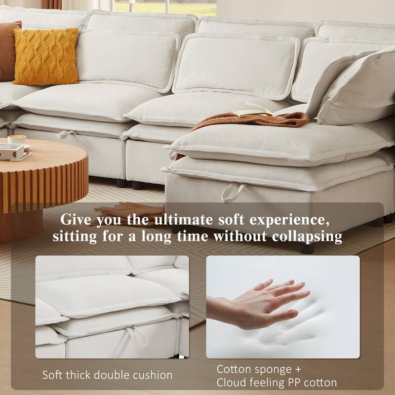 124.4" Polyester U-Shaped Modular Sleeper Sofa with Storage & Double-Layer Cushions