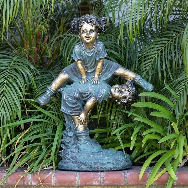 Alpine Corporation Girl Jumping Over Boy Outdoor Statue, 26-Inches