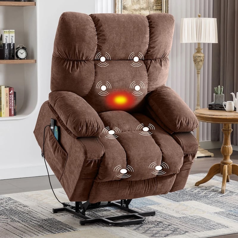 Blue Power Lift Recliner with Heat, Massage, USB Charging, Side Pockets, and Remote Control for Convenience - Brown