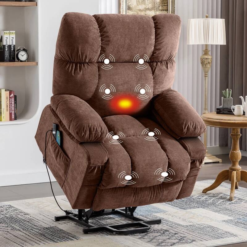 Blue Power Lift Recliner with Heating, Massage, USB Charging, Side Storage, and Remote Control Functionality - Brown