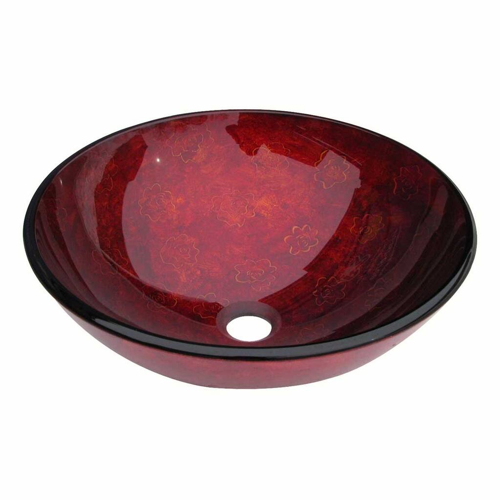 Tempered Glass Vessel Sink with Drain, Rose Red Hand Painted Round Bowl Sink Renovators Supply - Clear