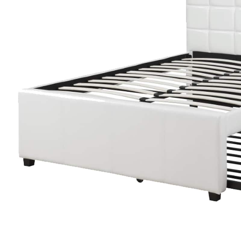 Gracious Wooden Full Bed with Trundle and SQU Tufted HB, White