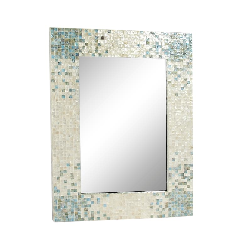 Mother of Pearl Shell Handmade Mosaic Wall Mirror with Blue Corners - Cream - Roche River Decor