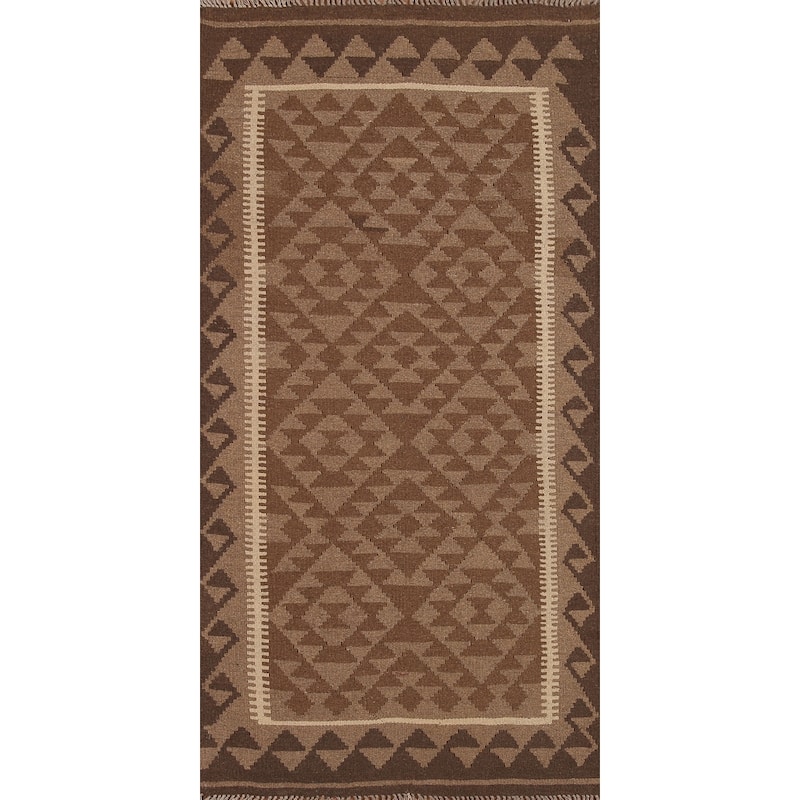 Geometric Kilim Oriental Runner Rug Flat-weave Brown Wool Carpet - 3'5" x 6'7"