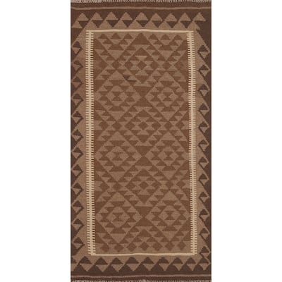 Geometric Kilim Oriental Runner Rug Flat-weave Brown Wool Carpet - 3'5" x 6'7"