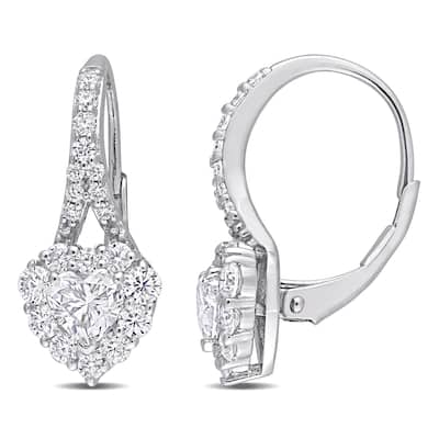 Miadora 2ct DEW Heart-cut Moissanite Halo Drop Leverback Earrings in Sterling Silver