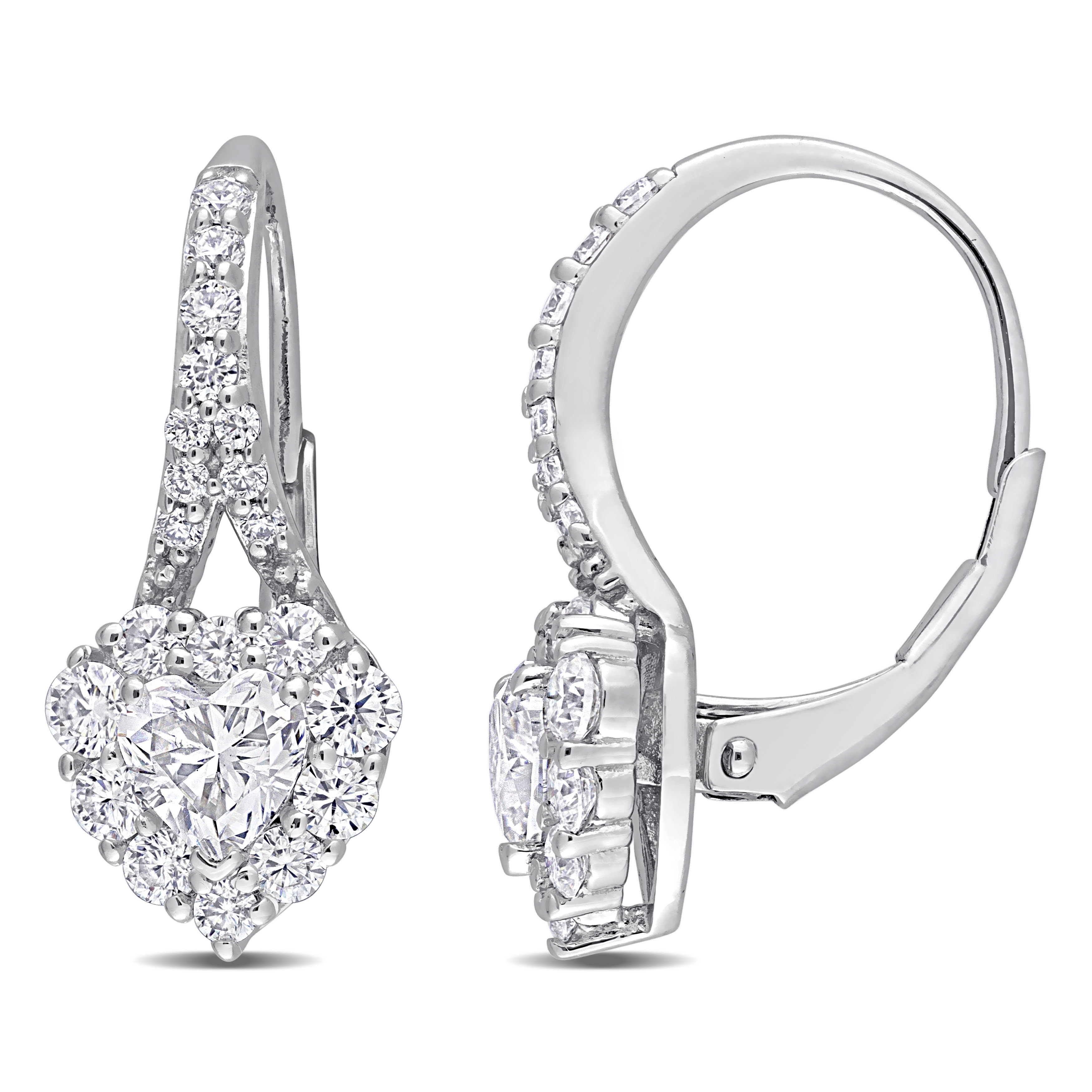 Miadora 2ct DEW Heart-cut Moissanite Halo Drop Leverback Earrings in Sterling Silver