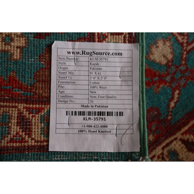 Turquoise Kazak Oriental Foyer Rug Hand-Knotted Wool Carpet - 2'0"x 3'0"