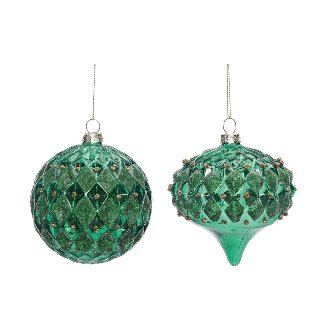 Transpac Christmas Glass Decorative Green Ornament Set of 2 Christmas Home Decorations