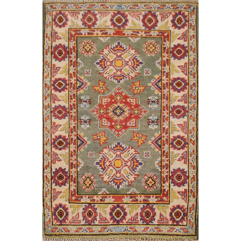 Geometric Kazak Foyer Rug Hand-Knotted Green Wool Carpet - 2'0" x 2'10"