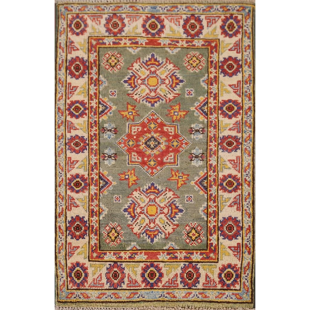Geometric Kazak Foyer Rug Hand-Knotted Green Wool Carpet - 2'0" x 2'10"