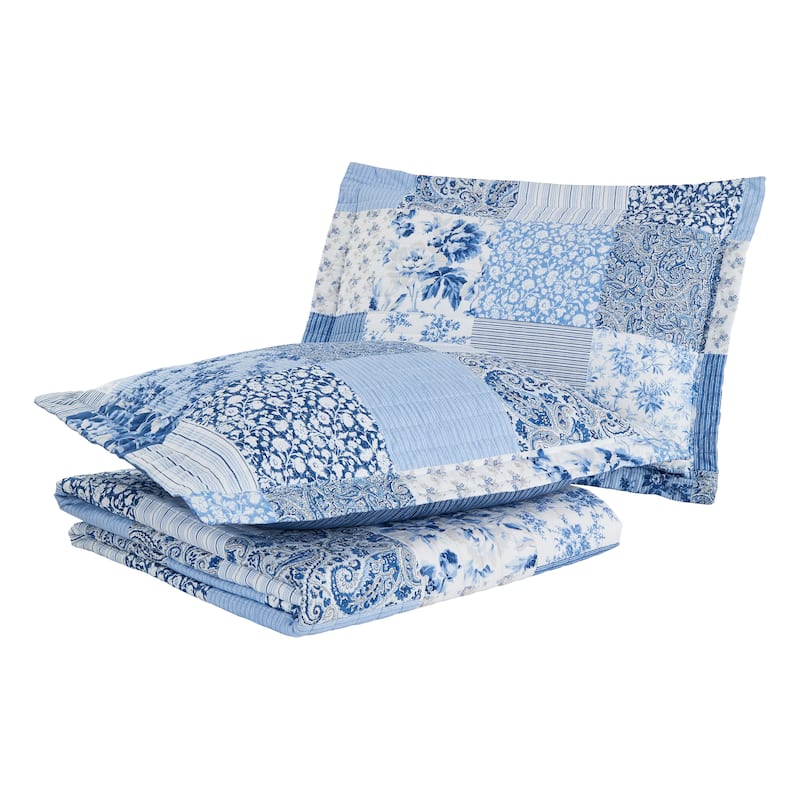 Laura Ashley Paisley Patchwork Cotton Reversible Blue Quilt Set