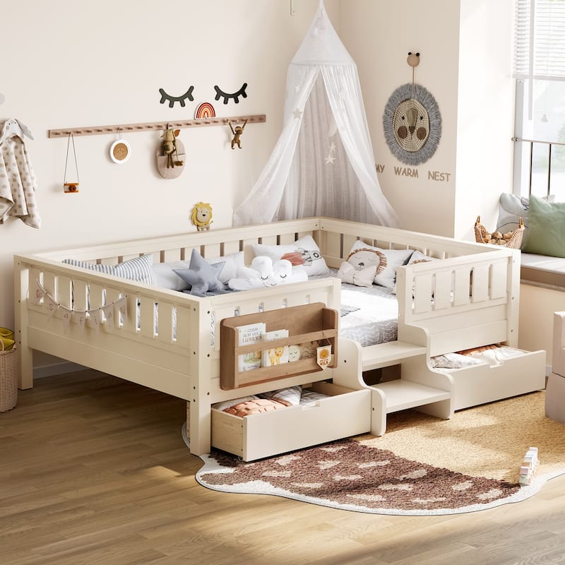 Multiple Colors Toddler Montessori Bed Children's Platform Bed with Low Profile Stairs, Built-in Bookshelf and Storage Drawers - Beige - Full