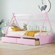 preview thumbnail 14 of 24, Twin Size House Bed with 2 Storage Drawers, Floor Montessori Bed with Triangle Structure, House Shaped Wooden Daybed for Kids Pink