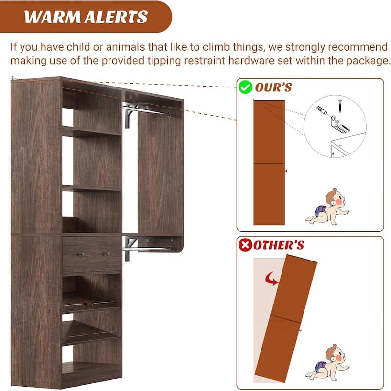 5FT Closet System with 2 Hanging Rods and Wooden Drawer, Walk-in Closet Organizer with 2 Wing Shelve and Adjustable Rack Shelves