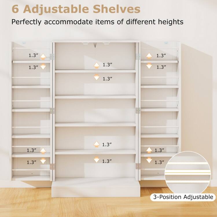 White MDF Pantry Cabinet with Adjustable Shelves 5 Tier Storage and 2 Door Design - 23.5” x 12” x 41”