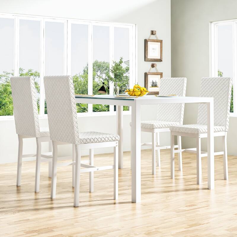 Grondin Modern Style 5-Piece Dining Room Table Set with Tempered Glass Tabletop and 4 Diamond Stitching PU Leather Dining Chairs