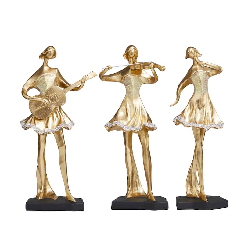 Gold Resin Abstract Women Musician Decorative Sculpture with Glitter and Rhinestone Detailing (Set of 3)
