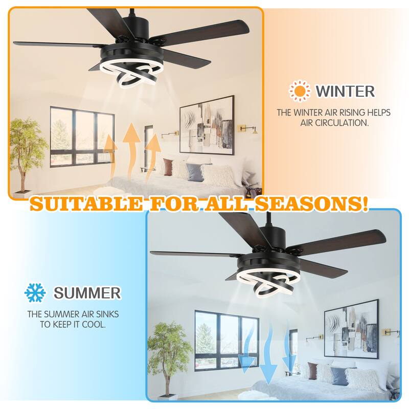 52Inch Modern DIY Shape Reversible Ceiling Fan with LED Light, 6-Speed Ceiling Fan with Remote for Large Room - 52 Inches