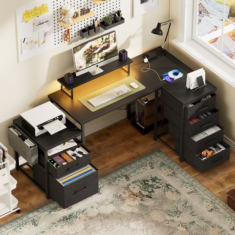 Modern Farmhouse 71'' L Shaped Desk with File Drawers, Reversible Computer Desk with Power Outlets and Smart LED Lights
