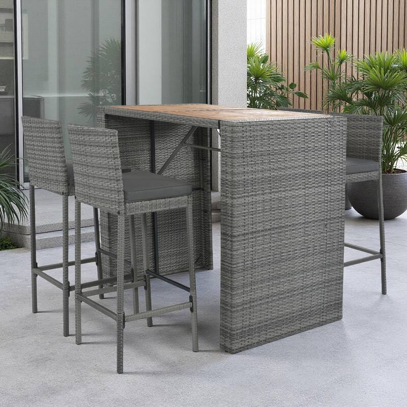 5-Piece Outdoor Wicker Counter Height Dining Set with Removable Cushion and Acacia Wood Table Top - Gray