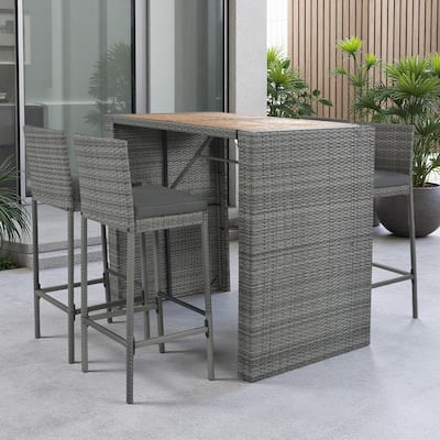 5-Piece Outdoor Wicker Counter Height Dining Set with Removable Cushion and Acacia Wood Table Top