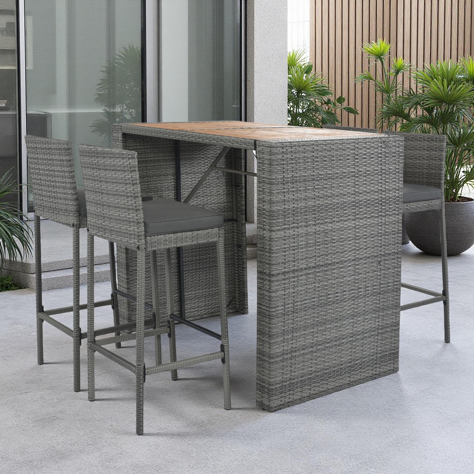 5-Piece Outdoor Wicker Counter Height Dining Set with Removable Cushion and Acacia Wood Table Top
