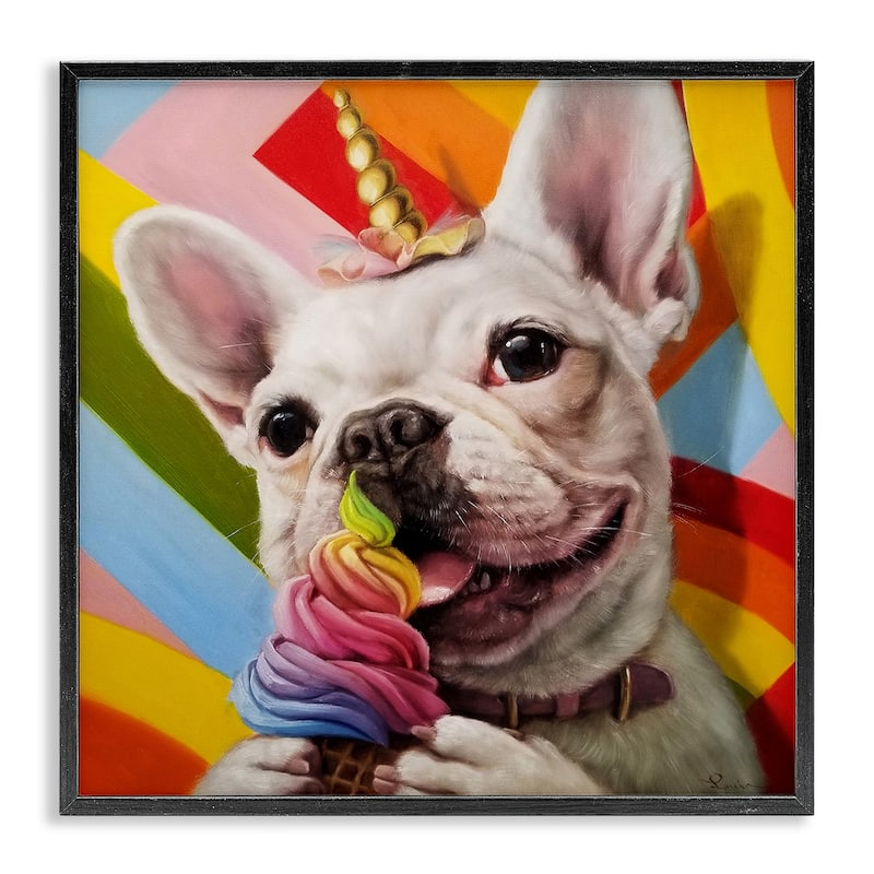 Stupell Rainbow French Bulldog Unicorn Ice Cream Colorful Framed Wall Art - 17 x 17 - Black