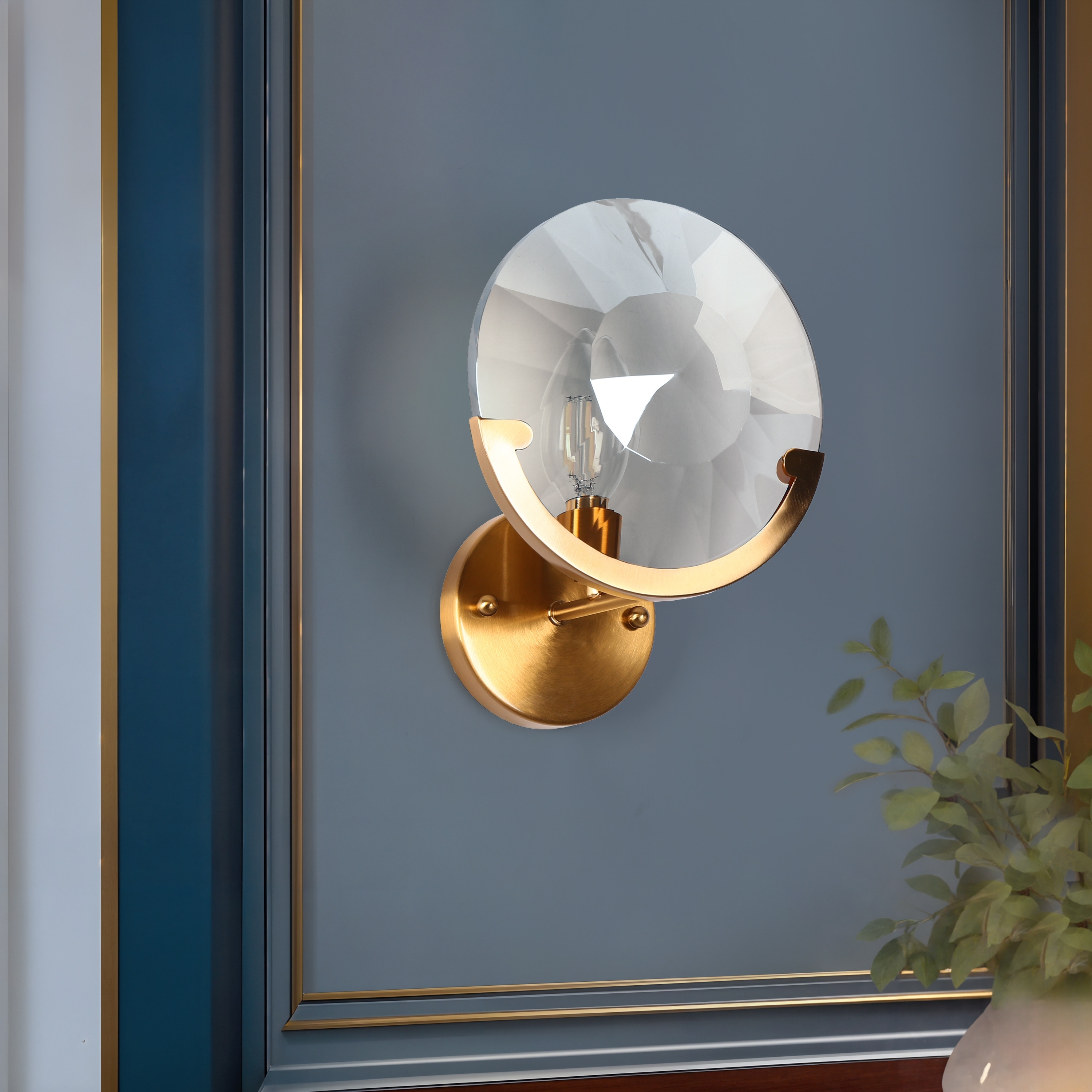 Modern Gold 1-Light Crystal Wall Sconce Round Bathroom Vanity Light - Dia. 7.9" x H 10.6"