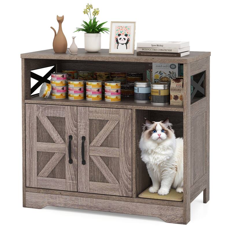 Grey Engineered Wood Cat Litter Box Enclosure with Sisal Scratch Pad and Storage - 31" L x 17" W x 28" H