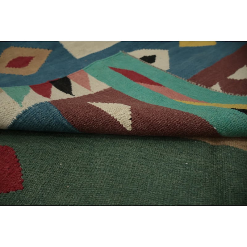 Hand Woven Oriental 100% Wool Carpet Southwestern Modern Green Kilim Area Rug - 11' 11'' X 5' 0''