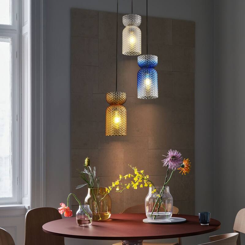 1/3-Light Modern Glam Bell-Shaped Adjustable Island Pendant Light with Clear/Blue/Amber Textured Glass