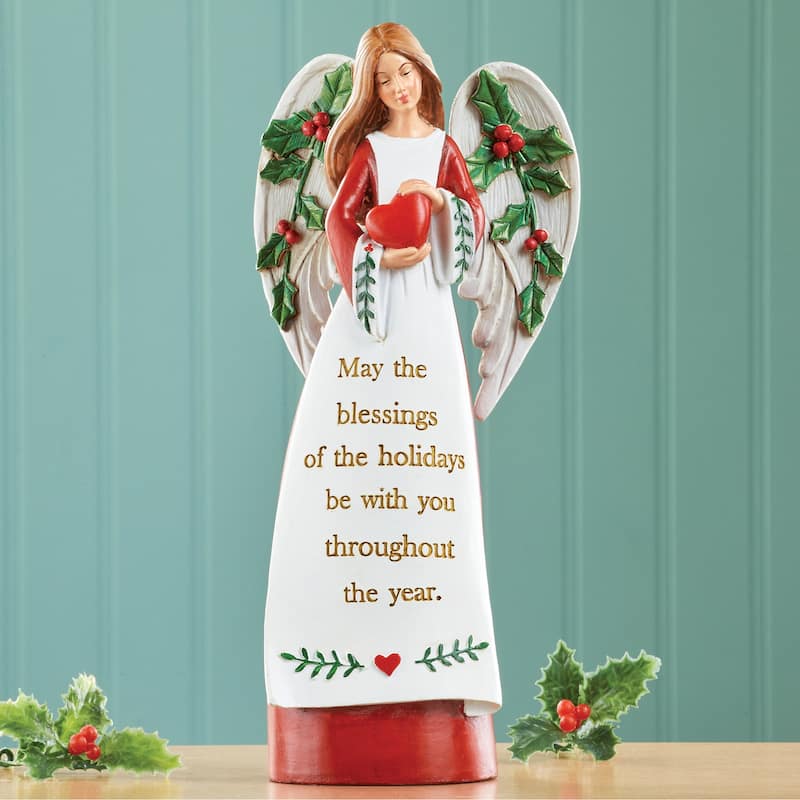 Sentiment Holiday Angel Figurine Holding a Heart - 10.750 x 5.500 x 4.630 - White