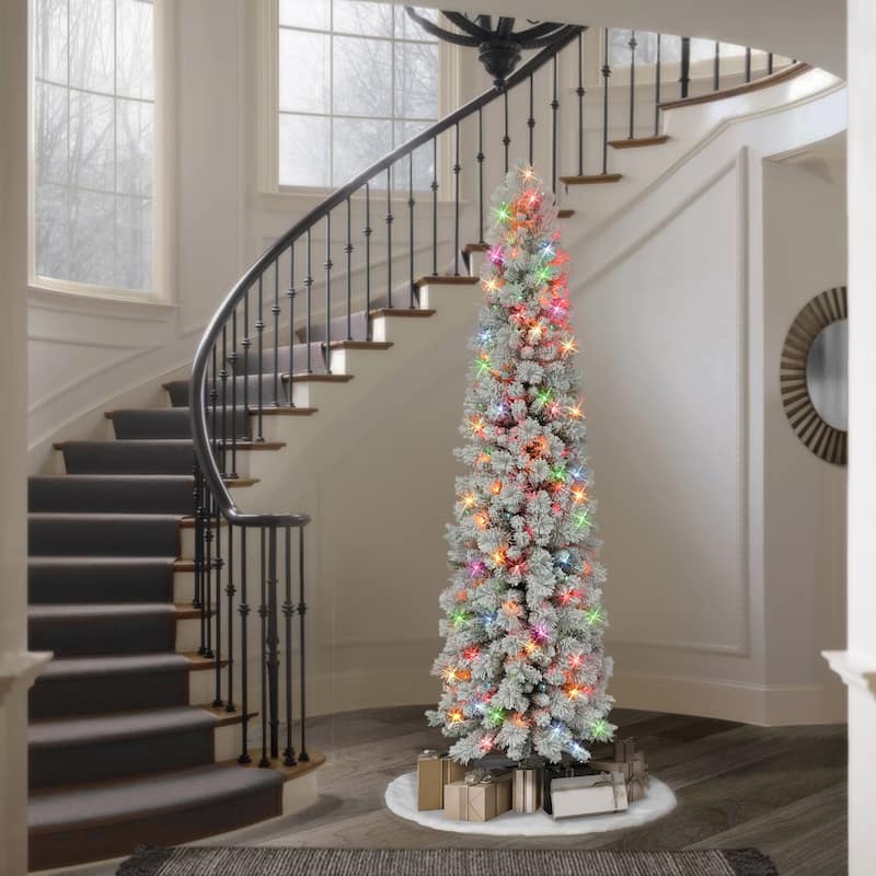 Puleo International 7.5 ft. Pre-Lit Flocked Portland Pine Artificial Pencil Tree - Green