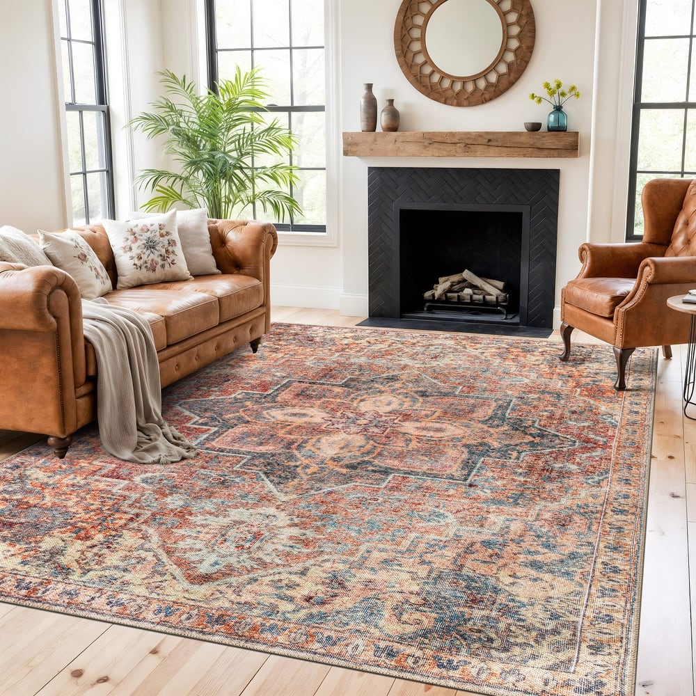 World Rug Gallery Floral Medallion Washable Flat Pile Non-Slip Area Rug