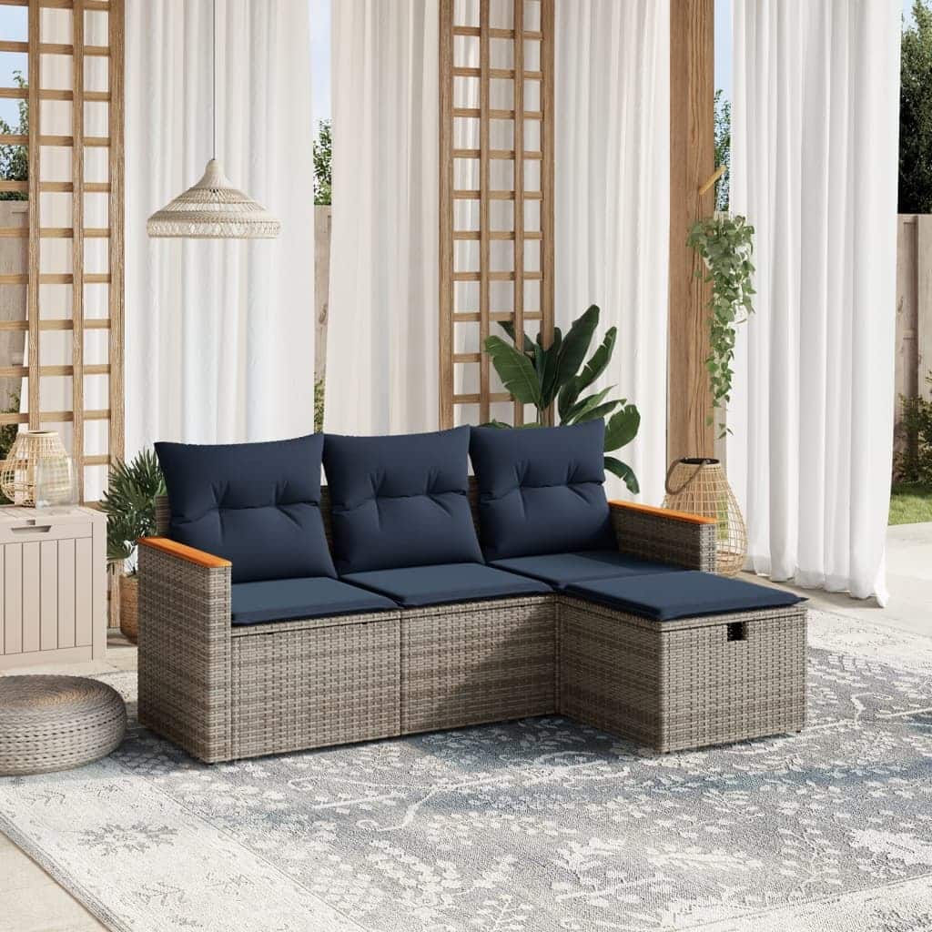 vidaXL 4 Piece Patio Sofa Set with Cushions Gray Poly Rattan - 21.7" x 24.4" x 27.2"