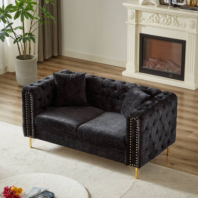 60-Inch Chenille Chesterfield Sofa, Living Room Couch with Buttons Tufted/Copper Nail Decoration Armrest - Black