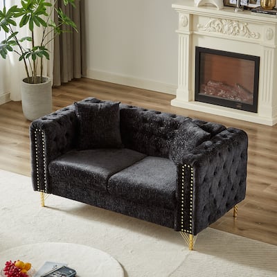 Modern 60-Inch Chenille Sofa, Chesterfield Pull-Buckle Design with Copper Nail Decor, Upholstered 2-Seater Couch