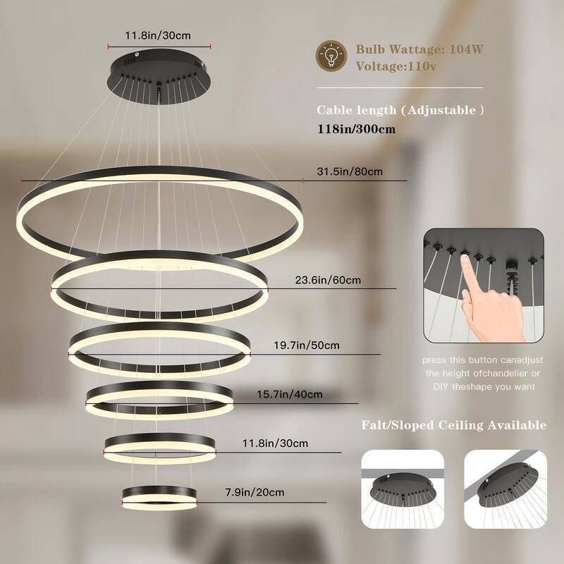 Modern Ring LED Chandelier Large Circle Pendant Light for High Ceilings, Dimmable with Remote - 6 Rings