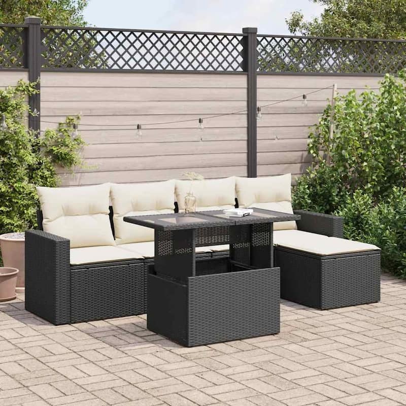 vidaXL Patio Sofa Set with Cushions Outdoor Furniture 6 Piece Poly Rattan - 21.7 x 39.4 x 28.7 in - Black and cream with storage