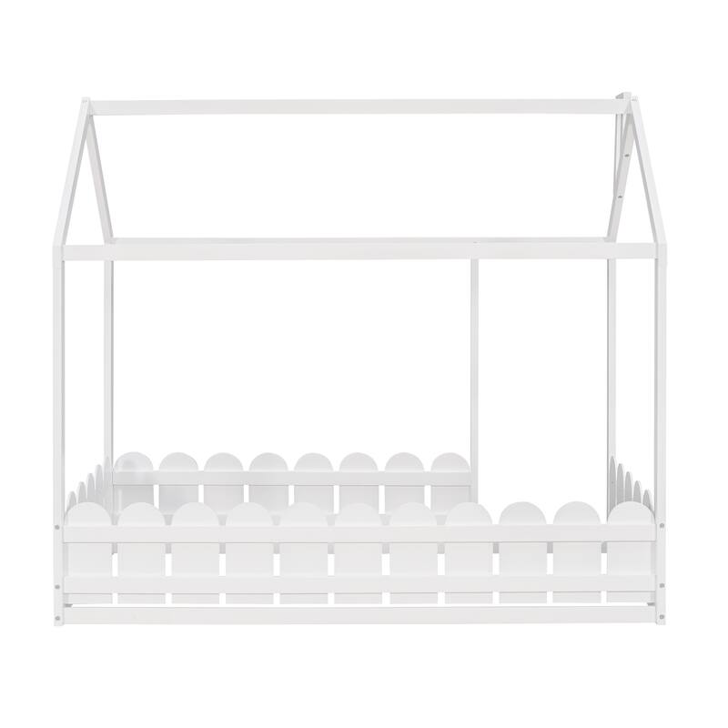 Twin Size Wood House Bed Frame with Fence for Kids and Teens, White