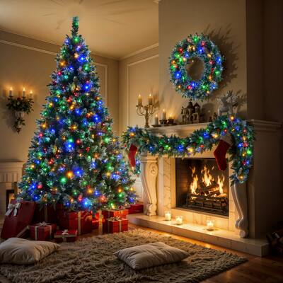 6FT Dark Green Pine Christmas Tree, Pre-Lit Set with Tree & Garland & Wreath, Hinged Artificial Xmas Tree