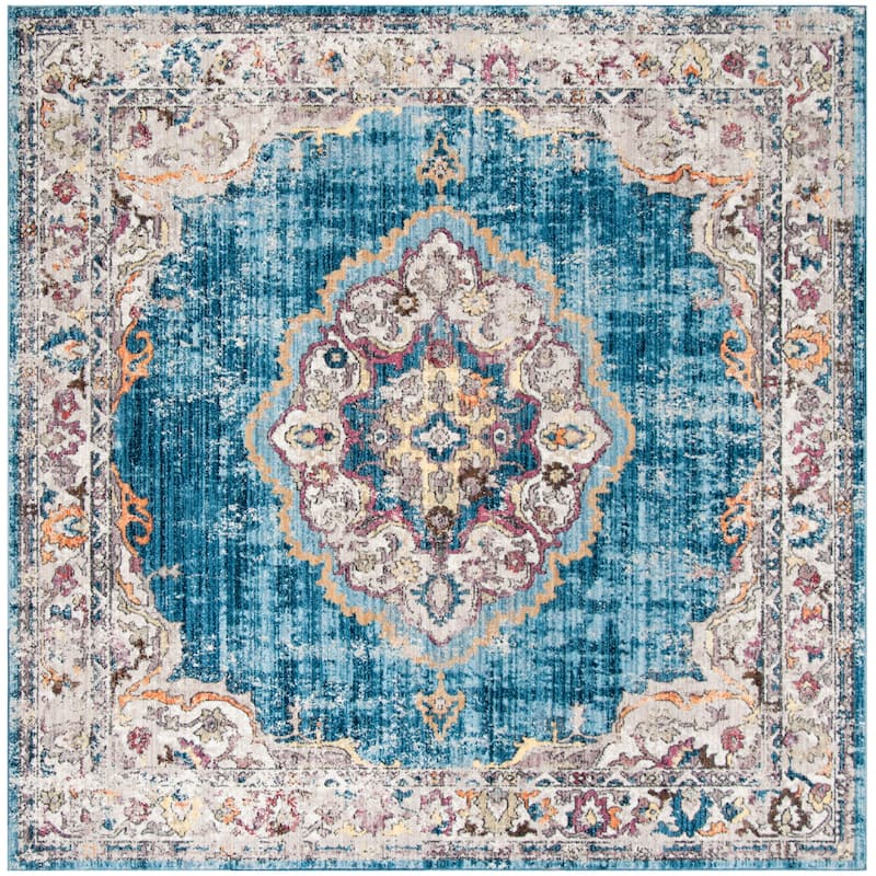 SAFAVIEH Bristol Janushka Vintage Boho Oriental Polyester Rug - 7' Square - Blue/Light Grey