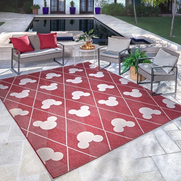 slide 2 of 6, Licensed Disney Mickey Mouse Red/ Cream Modern Argyle Flatweave Indoor/ Outdoor Area Rug