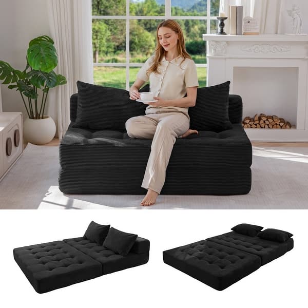Folding Corduroy Sofa Bed Convertible Sleeper Loveseat Foldable Mattress Tufted Comfy Floor Couch Sofa With 2 Throw Pillows - On Sale - Bed Bath & Beyond
