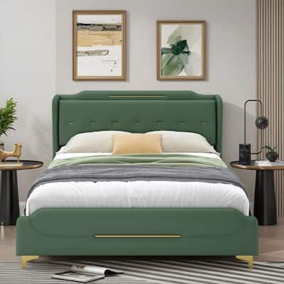 Upholstered Platform Bed with Wingback Headboard, Footboard, PU Leather Bed Frame Solid Wooden Slats Support, Low Floor Base Bed