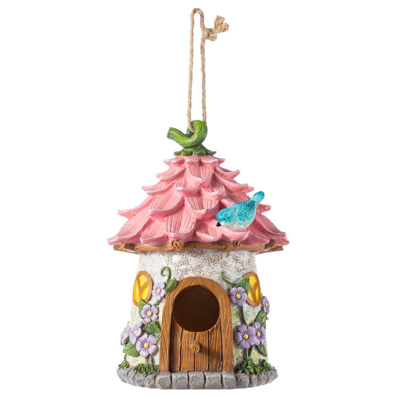 Glitzhome 9''H Resin Pink Yellow Roof Outdoor Garden Birdhouse