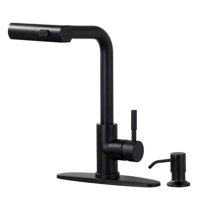 WOWOW Single Handle Waterfall Pull Down Sprayer Kitchen Faucet - With Soap Dispenser - Matte Black