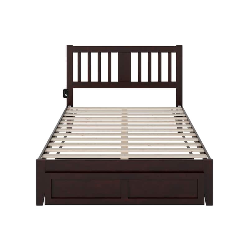 Full Bed with Foot Drawer & Charging Station - Vintage Style, Espresso Finish, Solid Wood Frame